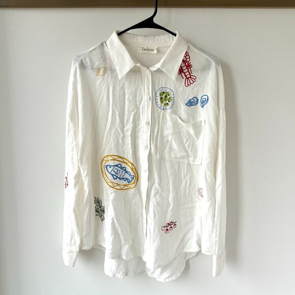 Taelynn Embroidered Coastal Summer Linen-Blend Button-Down Shirt | Size M | NWT - Picture 1 of 6